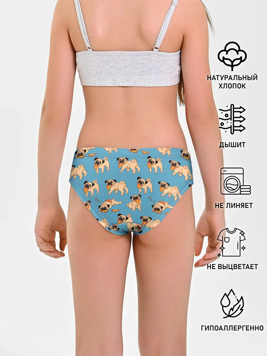 Трусы для девочек / Мопсы с пиццей