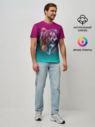 Мужская базовая футболка / RETRO CYBER BEAR NEON