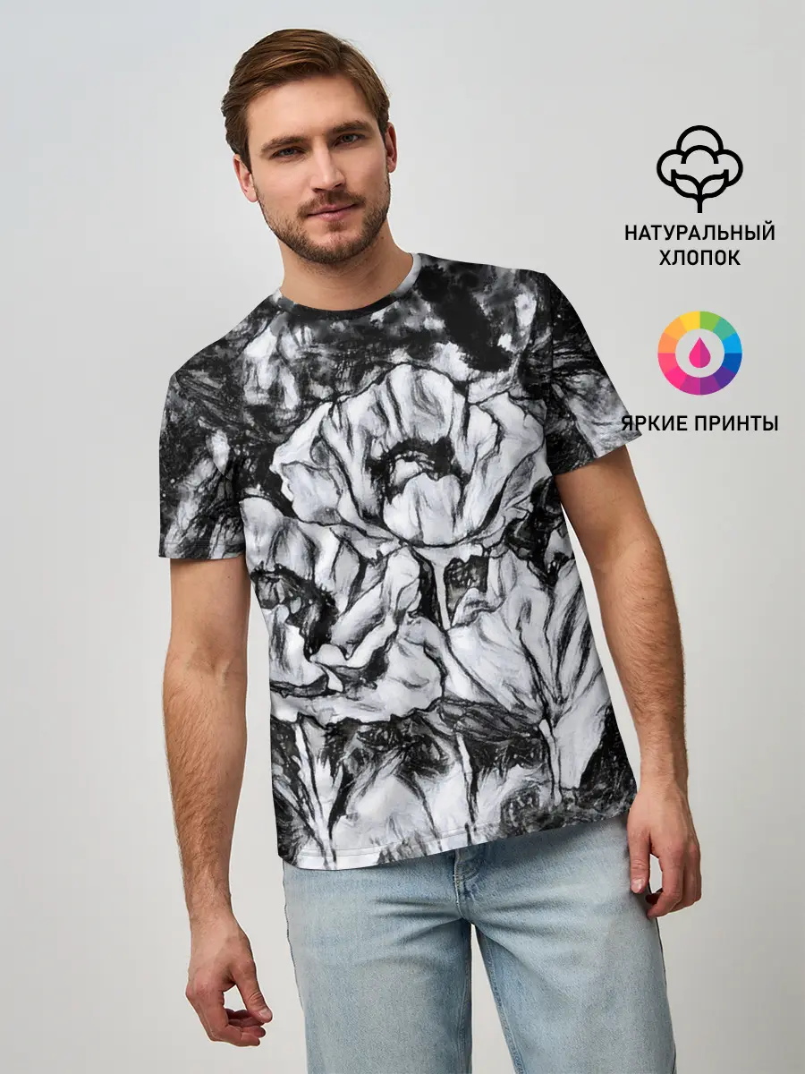 Мужская базовая футболка / Черно-белый узор. Маки.