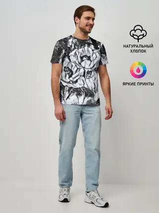 Мужская базовая футболка / Черно-белый узор. Маки.