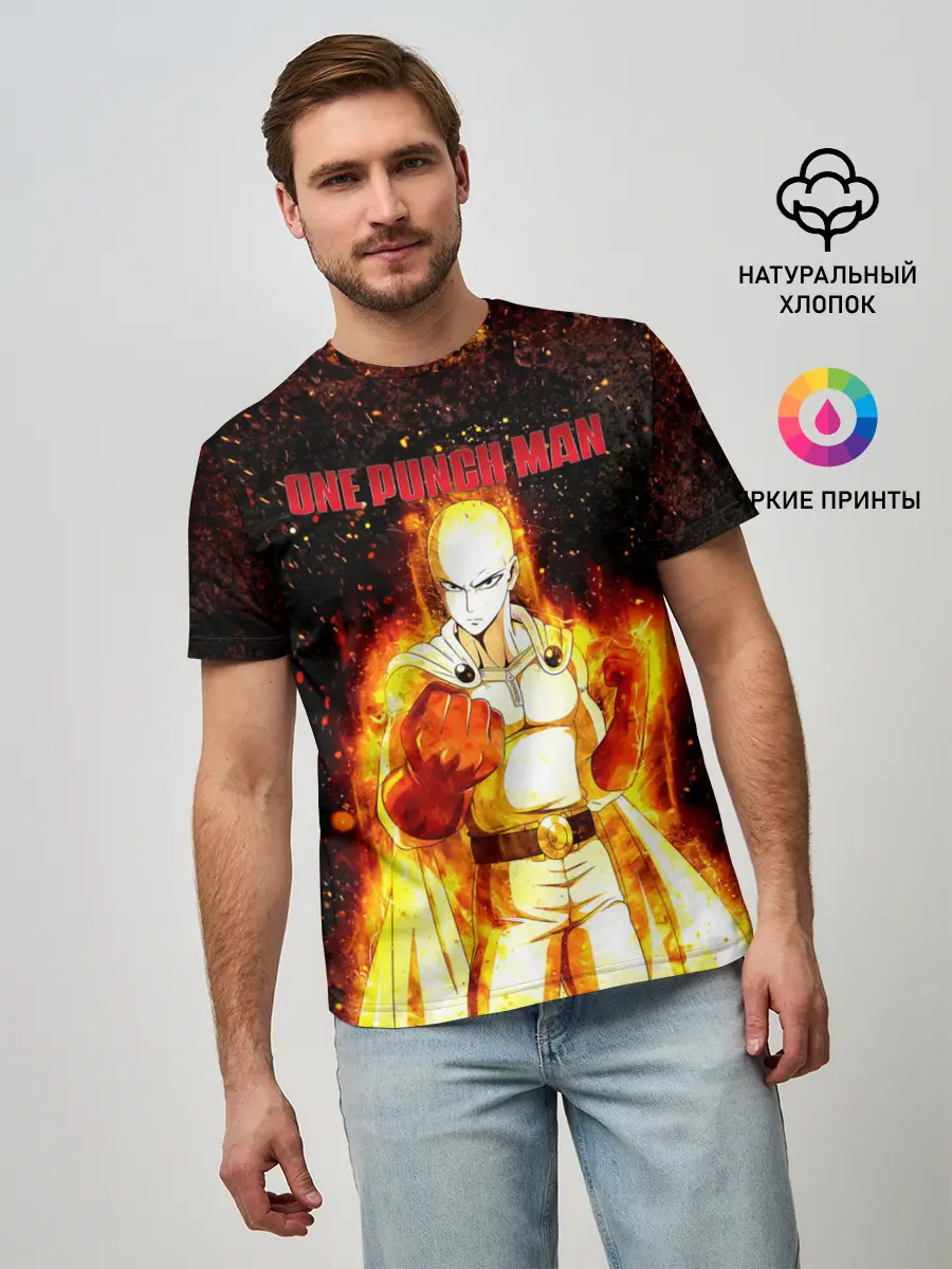 Мужская базовая футболка / Сайтама в огне | One Punch-Man