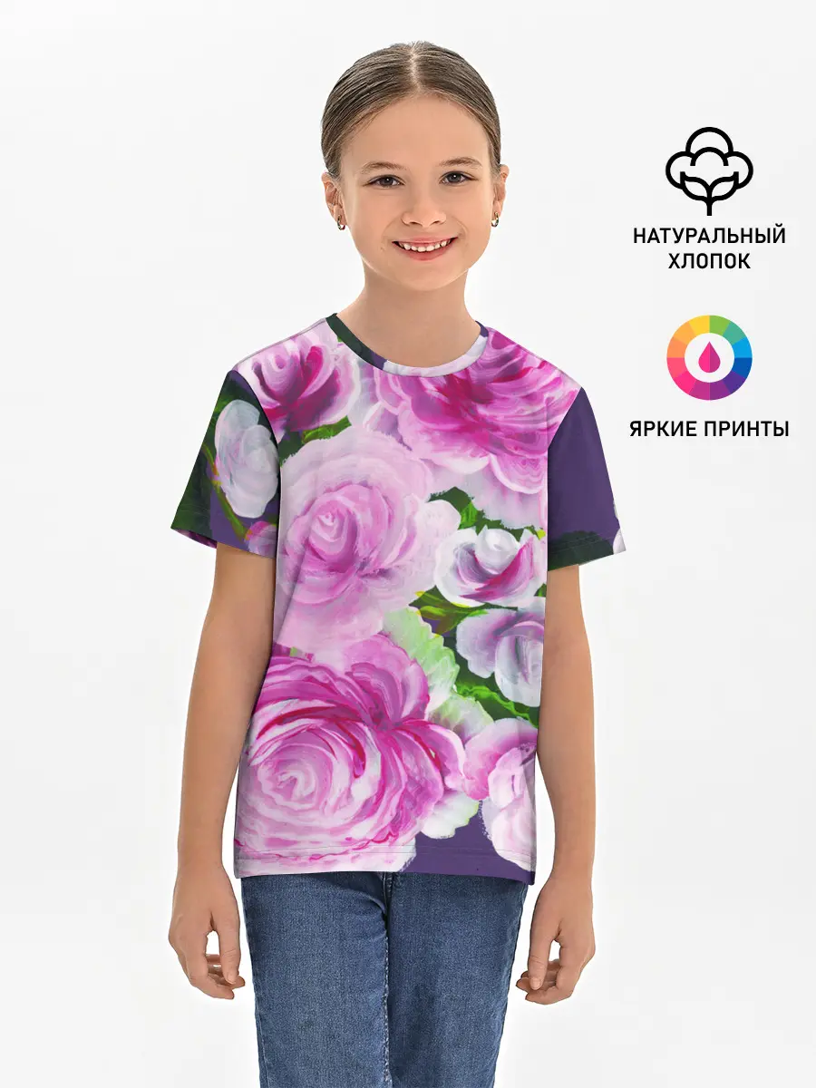 Детская базовая футболка / Цветы Розовые Розы красками