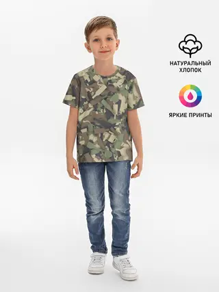 Детская базовая футболка / Лесной камуфляж с бутылками