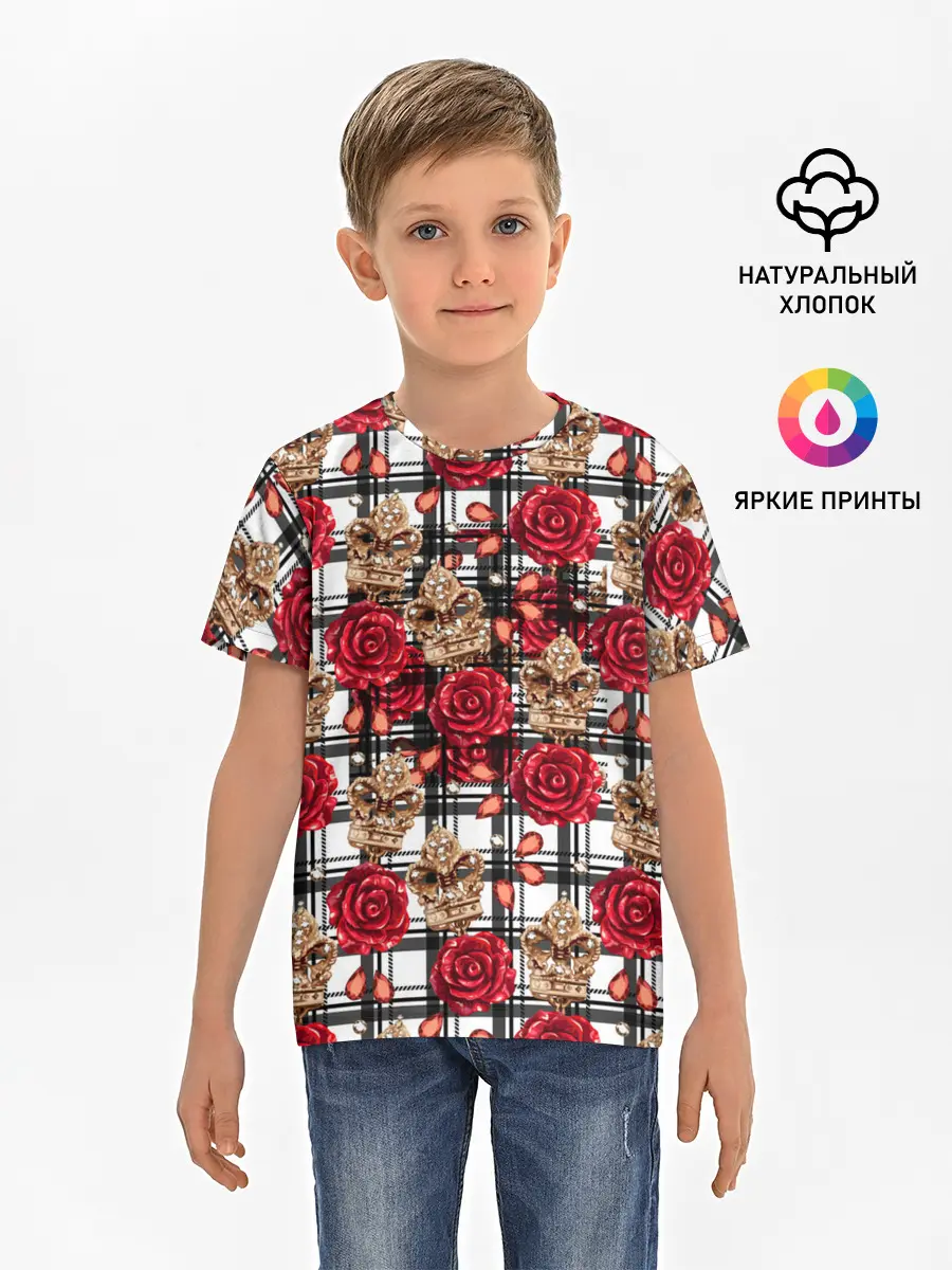 Детская базовая футболка / Розы в клеточку