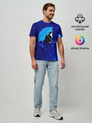 Мужская базовая футболка / Котик под Дождем