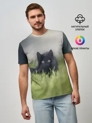 Мужская базовая футболка / черный кот на лугу