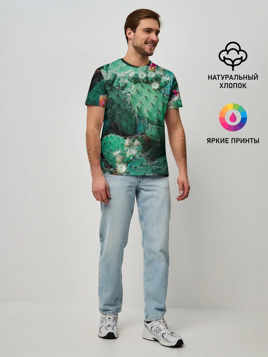 Мужская базовая футболка / кактусы с цветами реализм