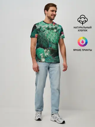 Мужская базовая футболка / кактусы с цветами реализм