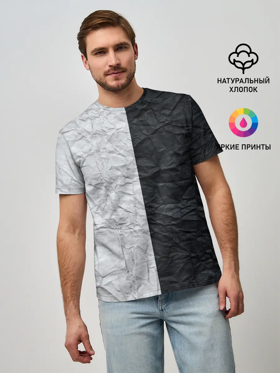 Мужская базовая футболка / Мятая Черно-Белая Бумага