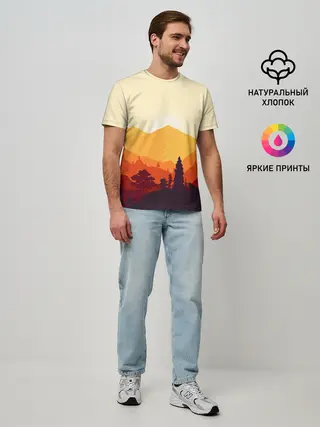 Мужская базовая футболка / Горы закат пейзаж лиса арт