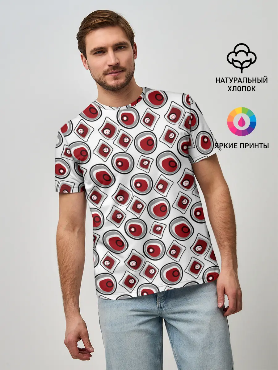Мужская базовая футболка / Красно черный узор на белом