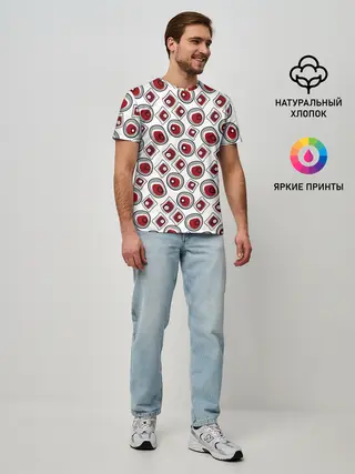 Мужская базовая футболка / Красно черный узор на белом