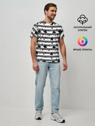 Мужская базовая футболка / Черно-белый полосатый узор