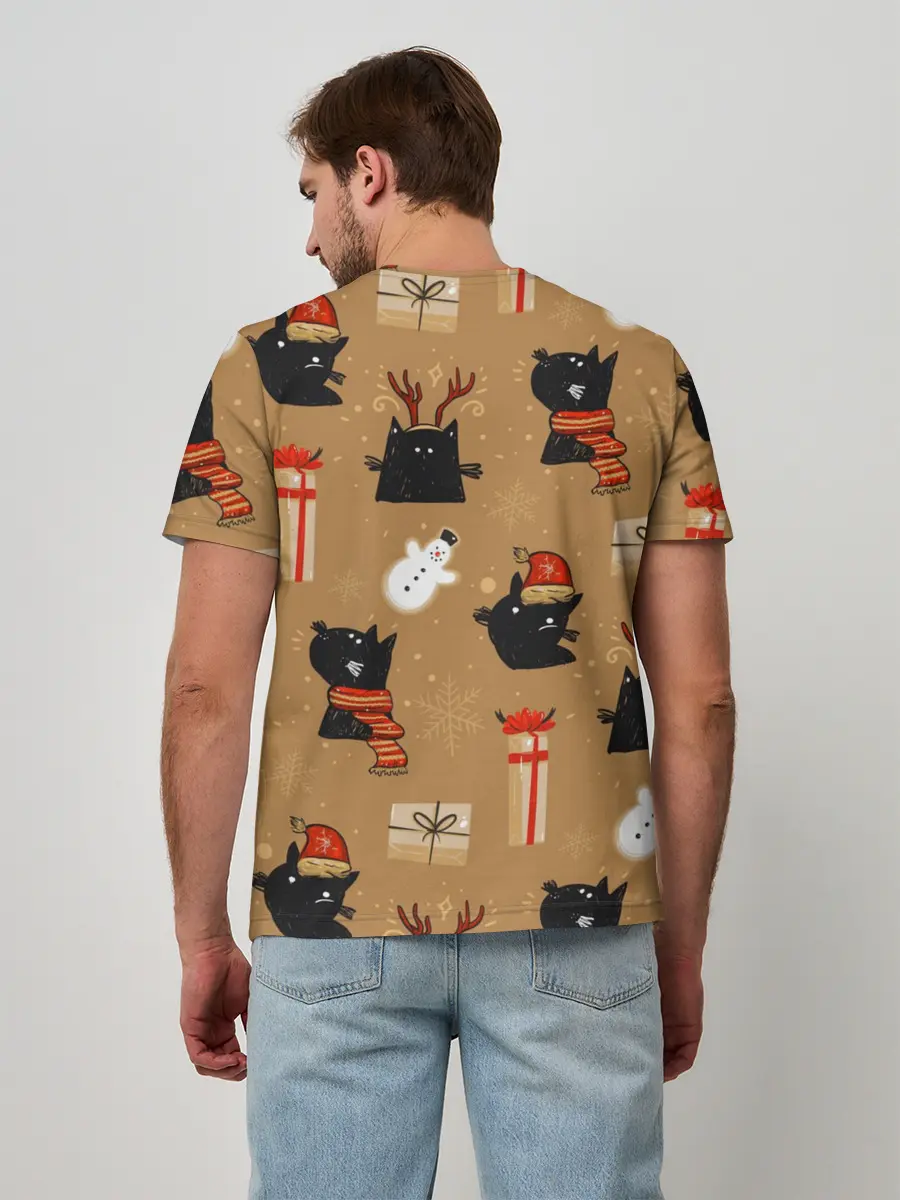 Мужская базовая футболка / Черные новогодние коты