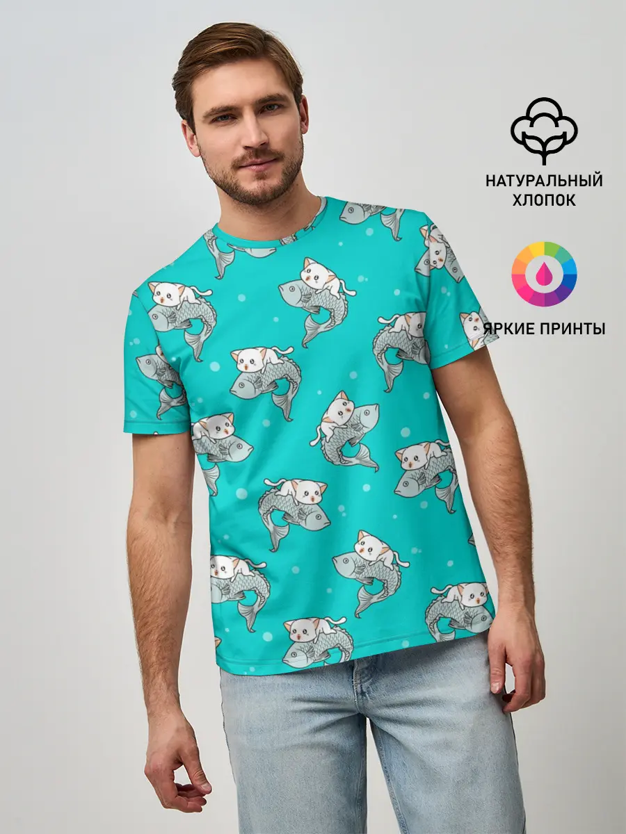 Мужская базовая футболка / Котики и рыбки