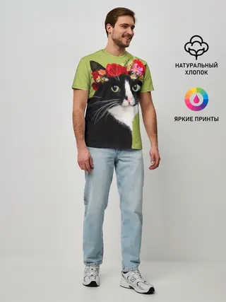 Мужская базовая футболка / Кот и цветы