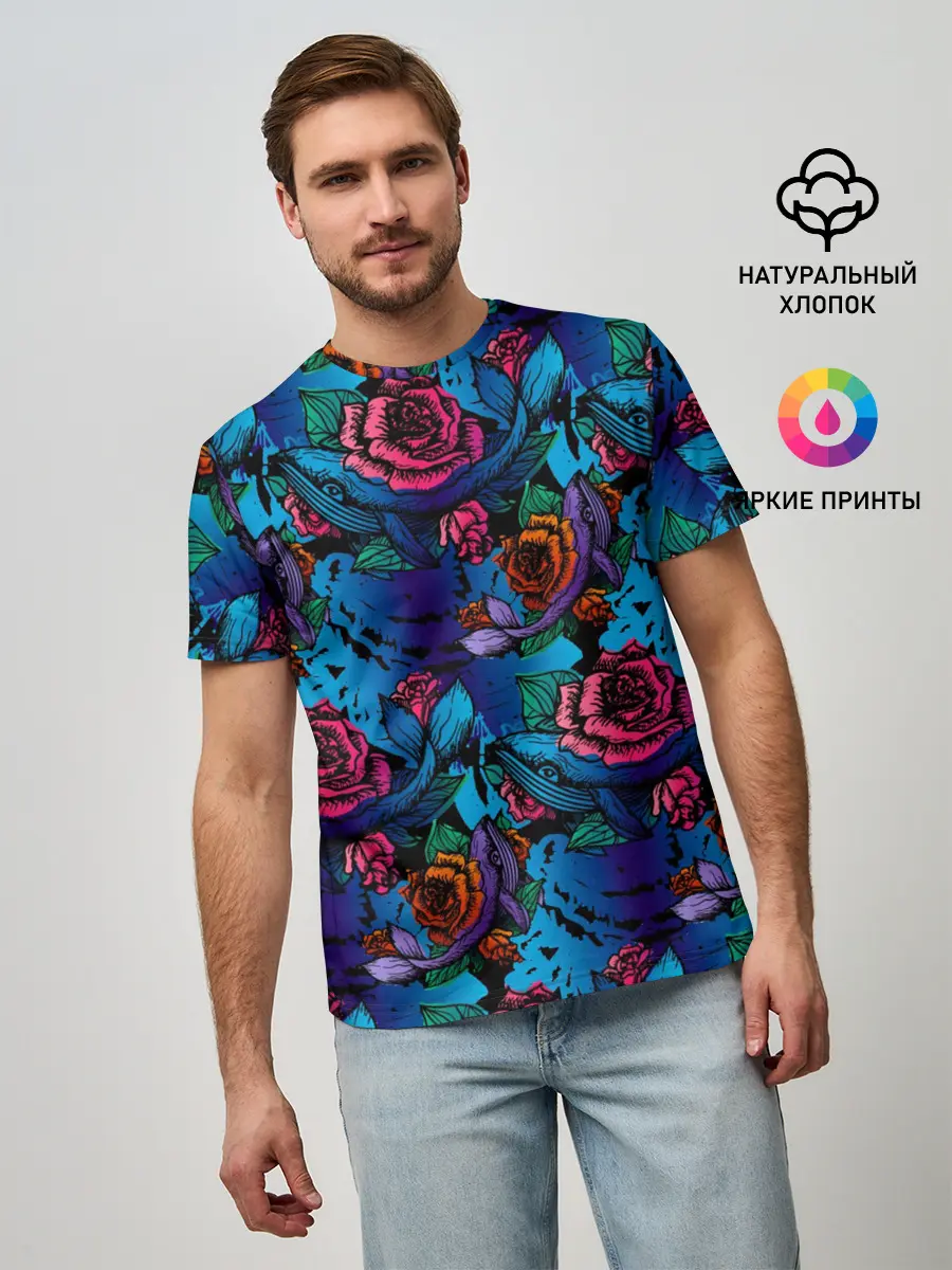 Мужская базовая футболка / Киты и цветы