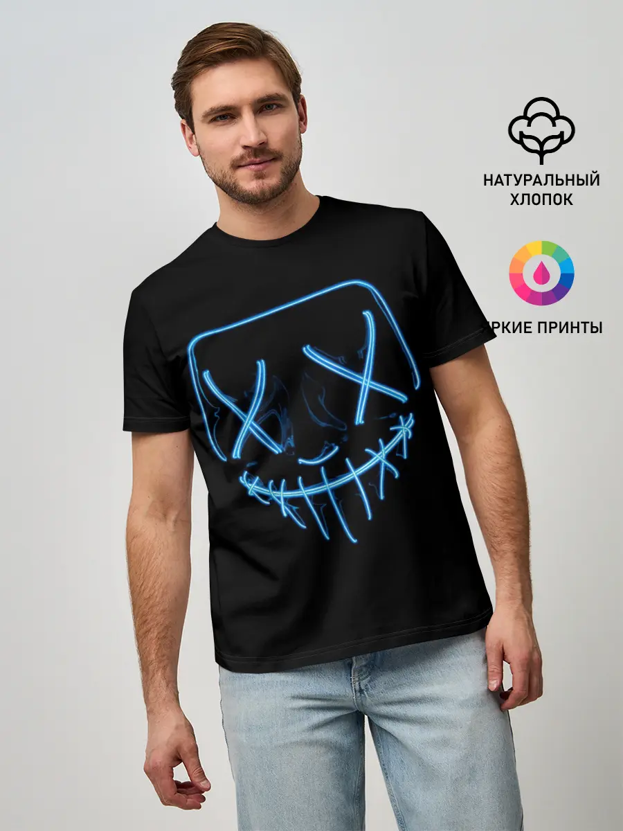 Мужская базовая футболка / Неоновая маска Хэллоуина
