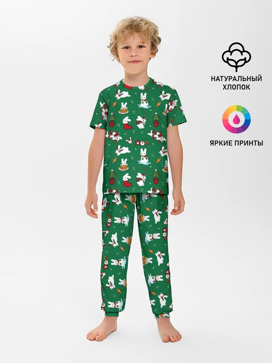 Детская пижама с брюками / Новогодний паттерн с зайчиками
