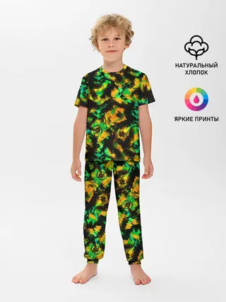 Детская пижама с брюками / Абстрактный желто-зеленый узор