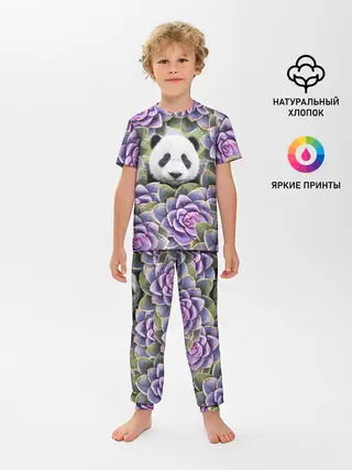 Детская пижама с брюками / Панда среди цветов