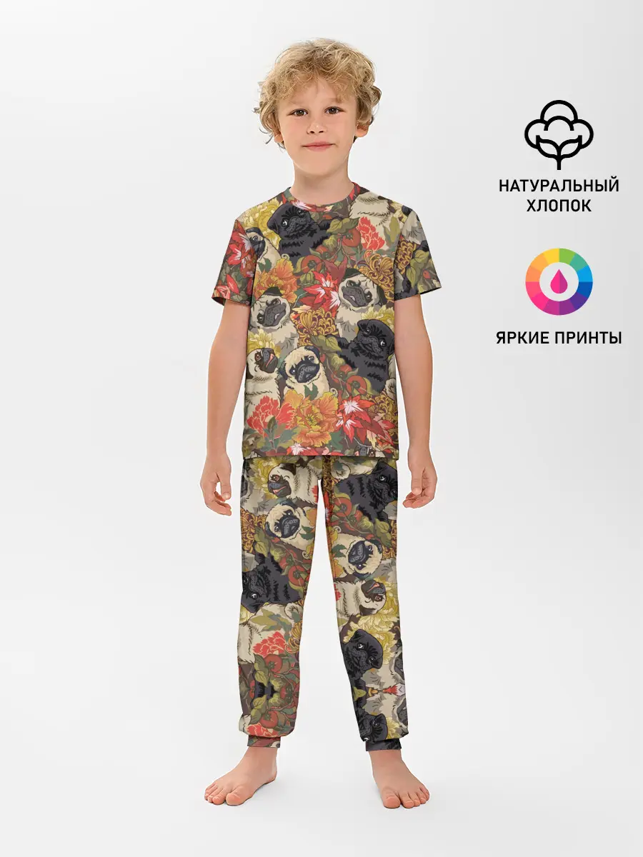 Детская пижама с брюками / Мопсики | Цветочки