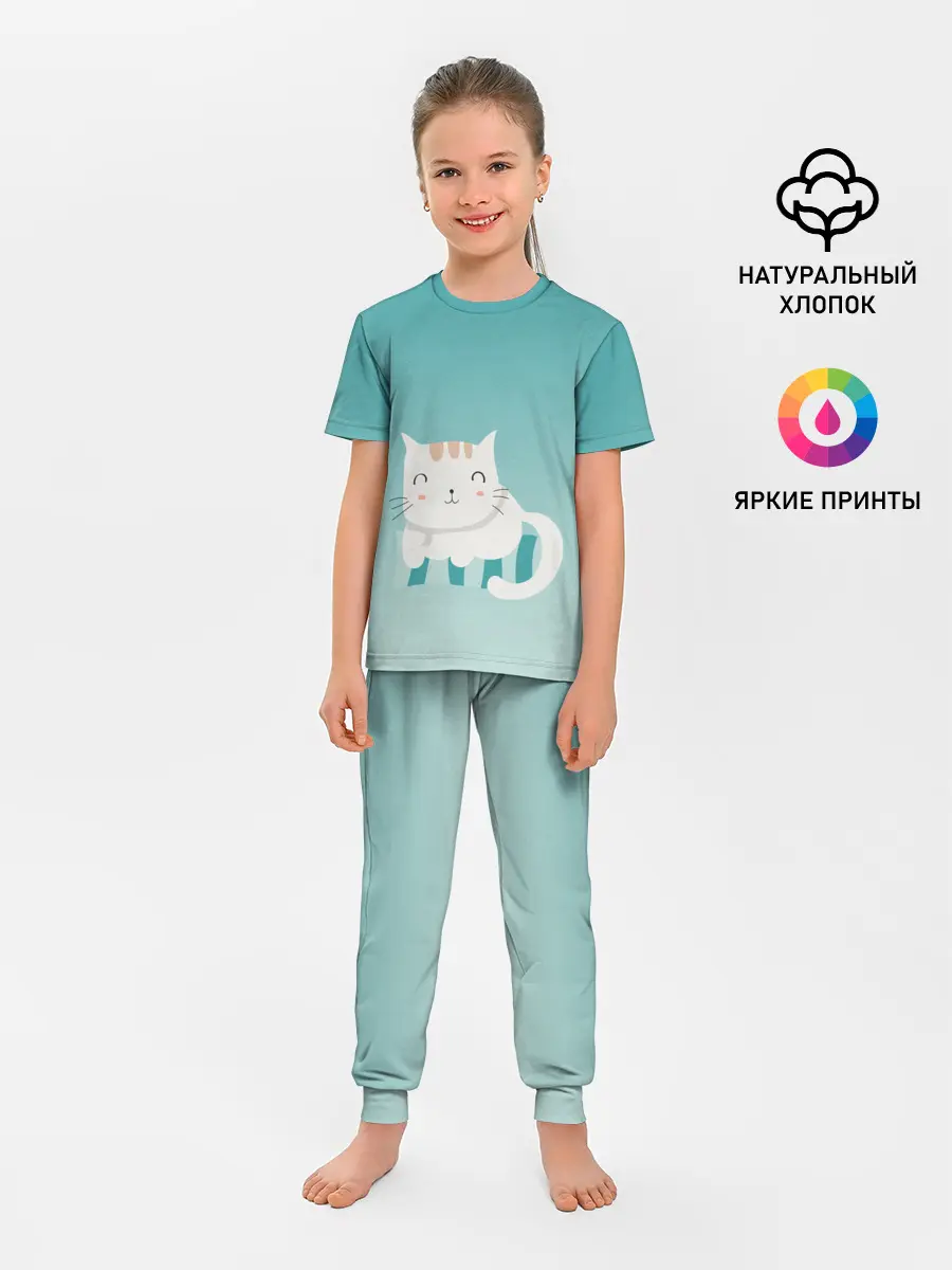 Детская пижама с брюками / котик на подстилке