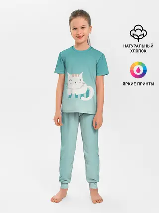 Детская пижама с брюками / котик на подстилке