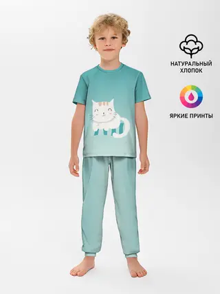 Детская пижама с брюками / котик на подстилке