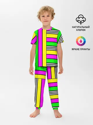 Детская пижама с брюками / полосатый неоновый модный узор