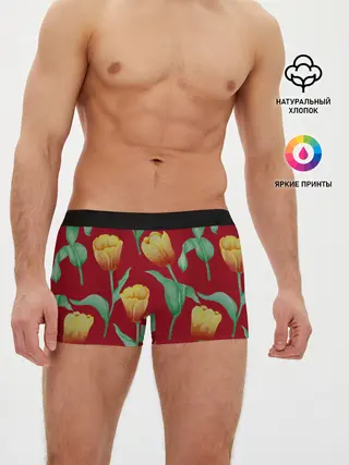 Мужские трусы боксеры / Тюльпаны на красном фоне