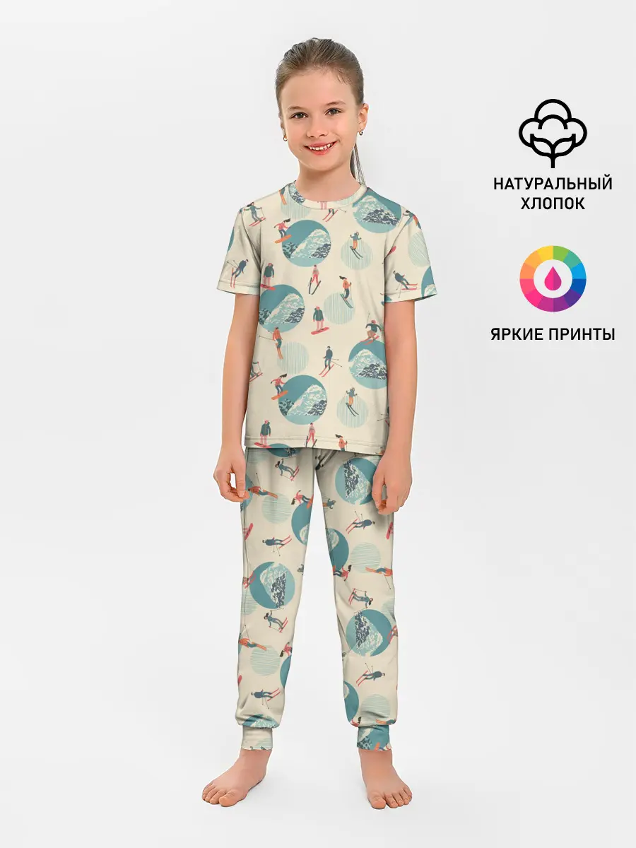 Детская пижама с брюками / лыжники