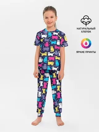 Детская пижама с брюками / Разноцветные котики