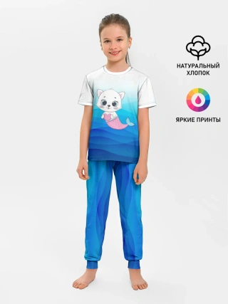 Детская пижама с брюками / Котик русалочка | Русалка с сердечком