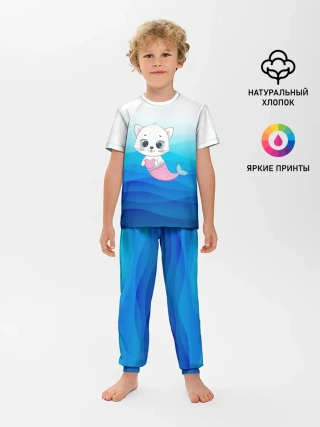 Детская пижама с брюками / Котик русалочка | Русалка с сердечком