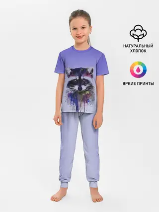 Детская пижама с брюками / енот акварелью потеки