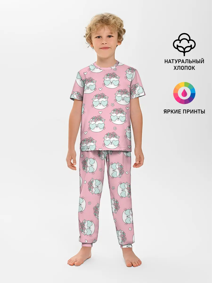 Детская пижама с брюками / Котики с цвточками