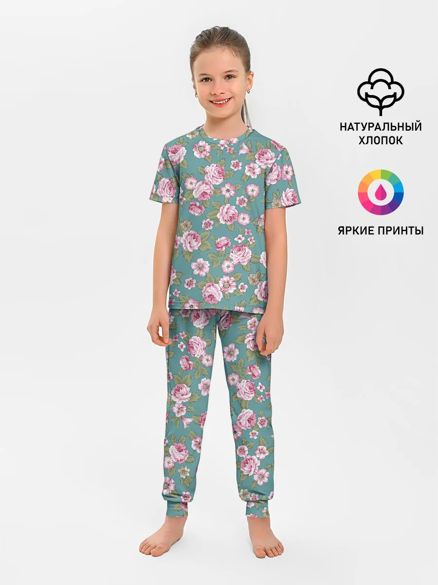 Детская пижама с брюками / Поле розовых цветов