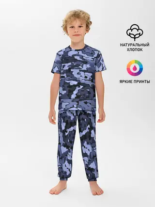 Детская пижама с брюками / Синий камуфляж в клетку