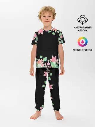 Детская пижама с брюками / Рамка из розовых и зеленых листьев