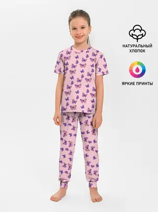 Детская пижама с брюками / Бабочки фиолетовые | 2