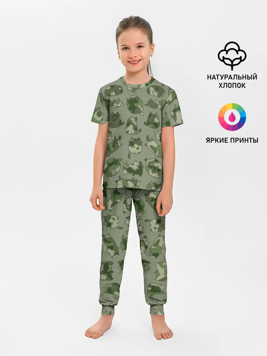 Детская пижама с брюками / Камуфляж с котиками