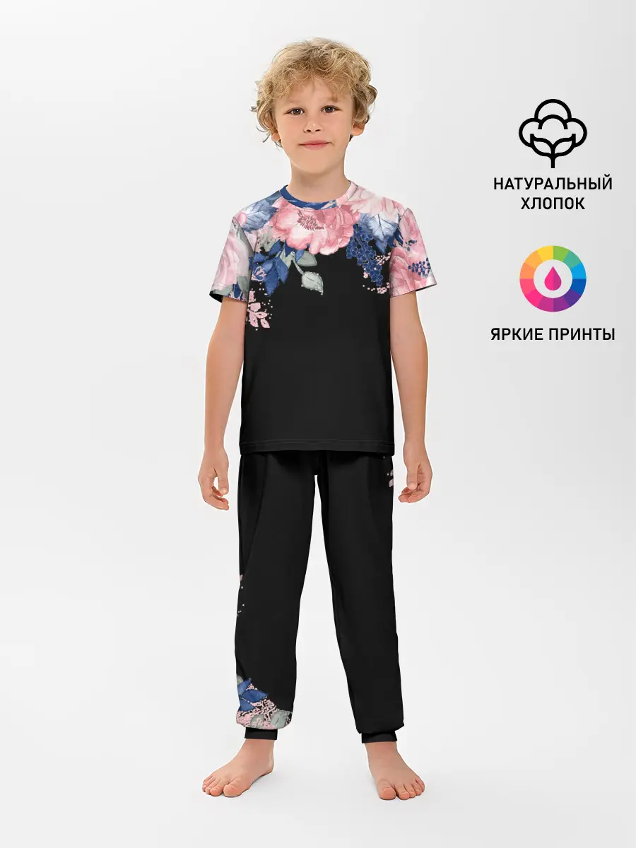 Детская пижама с брюками / цветы на черном