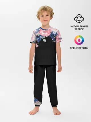 Детская пижама с брюками / цветы на черном