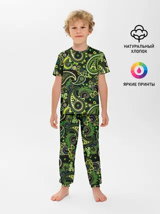 Детская пижама с брюками / Ярко зеленые славянские узоры