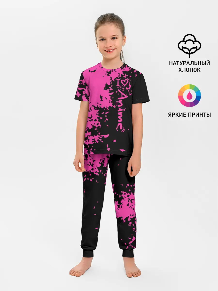 Детская пижама с брюками / Love anime розовые кляксы на черном