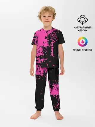 Детская пижама с брюками / Love anime розовые кляксы на черном