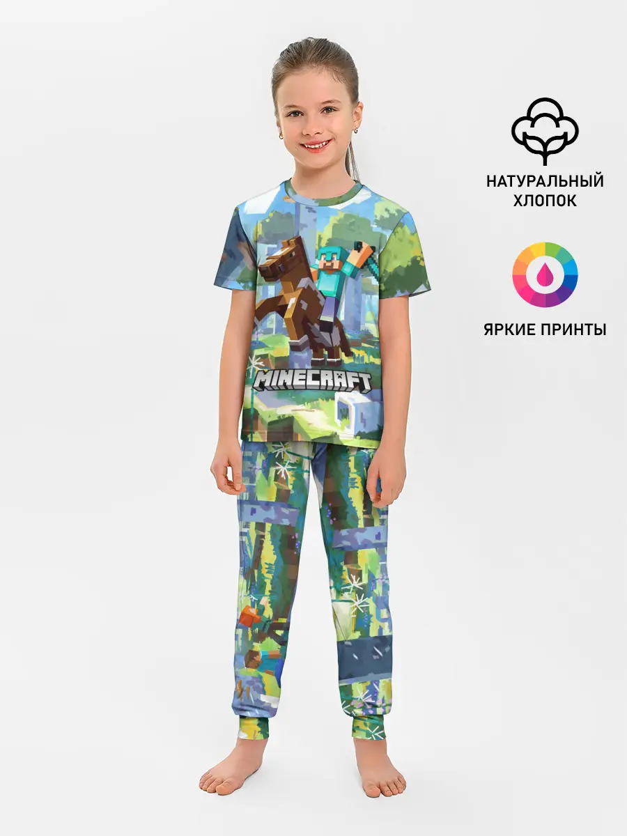 Детская пижама с брюками / Майнкрафт на коне в березовом лесу