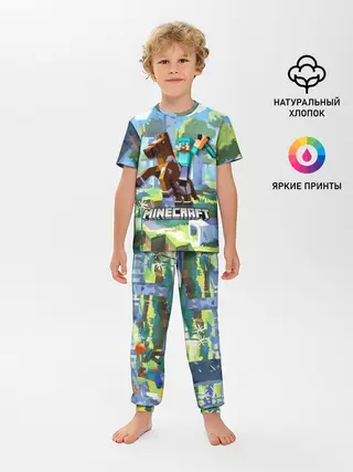 Детская пижама с брюками / Майнкрафт на коне в березовом лесу
