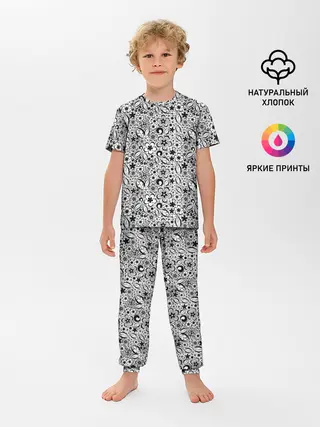 Детская пижама с брюками / Черное кружево цветочное